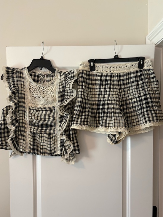 Free People Tops - Free People Black and Cream Plaid Ruffle Cropped Top and Shorts Set